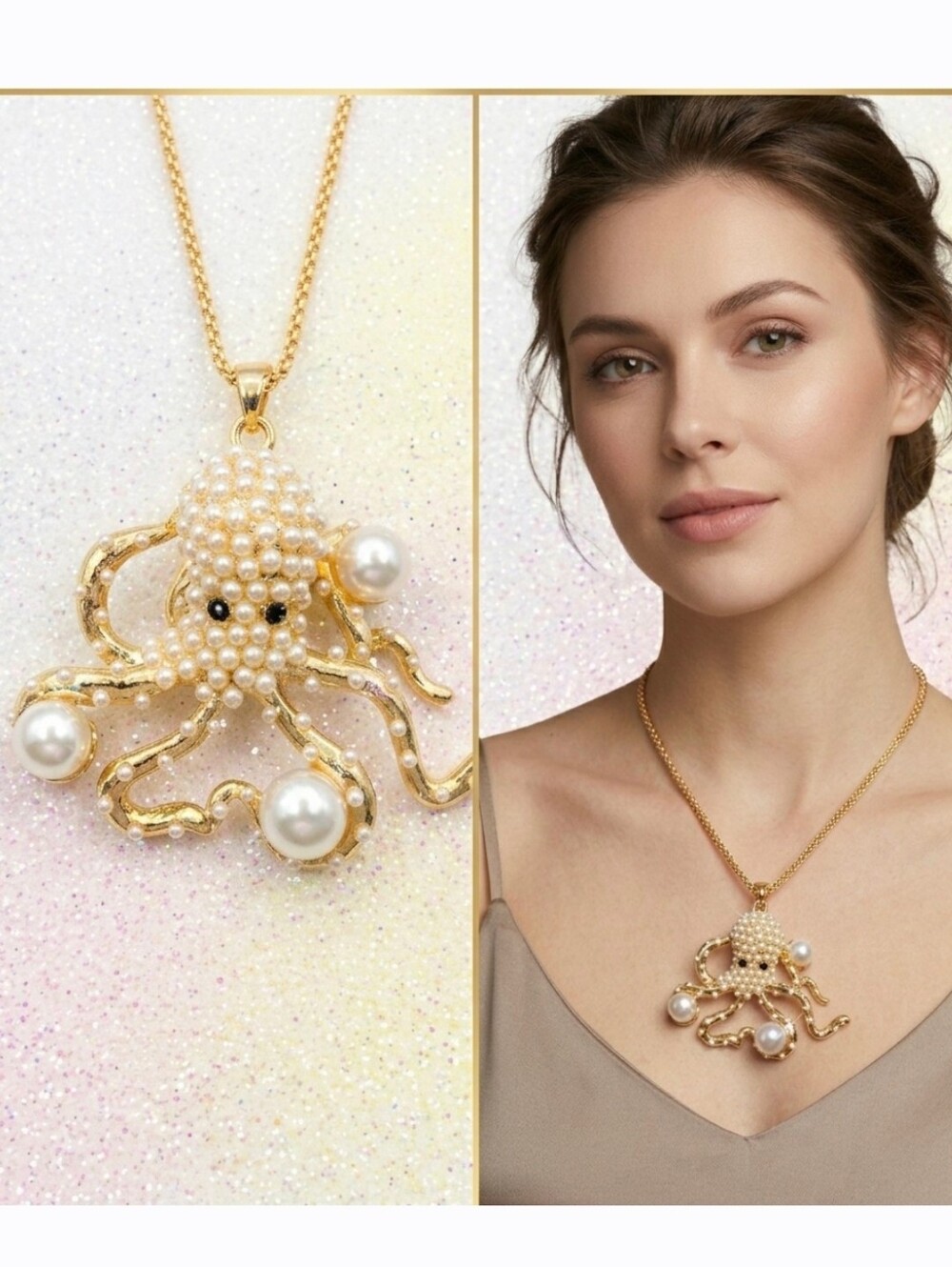 Gold crystal pearl octopus pendant necklace